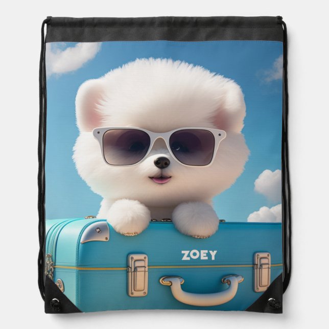 Cute White Dog Travel Suitcase Personalized Name Drawstring Bag (Front)