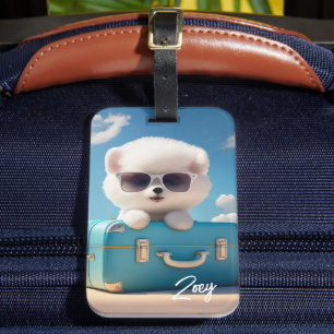Cute White Dog Travel Suitcase Personalized Name Luggage Tag