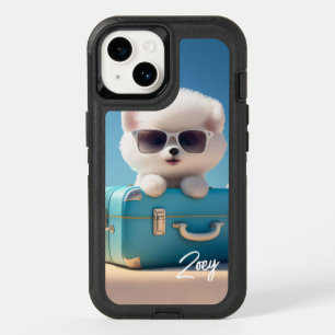 Cute White Dog Travel Suitcase Personalized Name OtterBox iPhone 14 Case