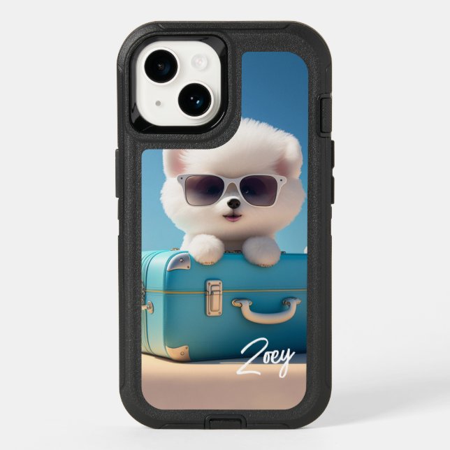 Cute White Dog Travel Suitcase Personalized Name Otterbox iPhone Case (Back)