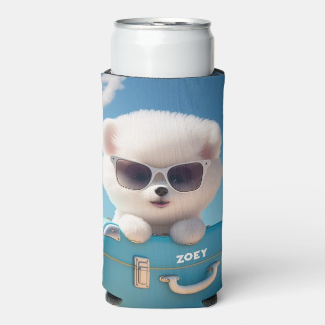 Cute White Dog Travel Suitcase Personalized Name Seltzer Can Cooler (Seltzer Front)