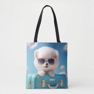 Cute White Dog Travel Suitcase Personalized Name Tote Bag