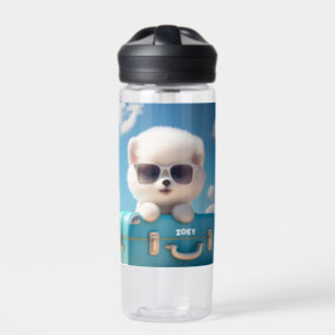Cute White Dog Travel Suitcase Personalized Name Water Bottle