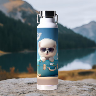 Cute White Dog Travel Suitcase Personalized Name Water Bottle