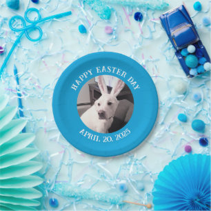 Cute White Dog Wearing Easter Bunny Ears Blue Paper Plates
