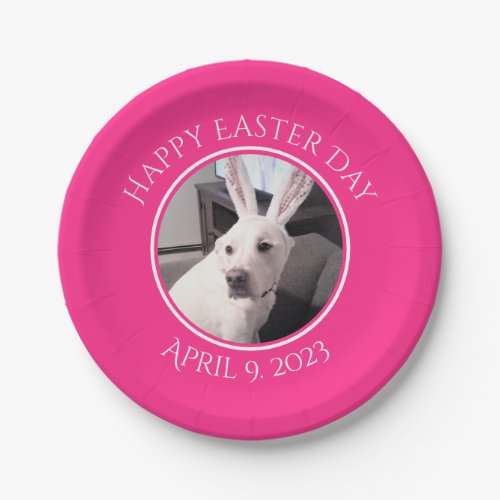 Cute White Dog Wearing Easter Bunny Ears Hot Pink Paper Plates