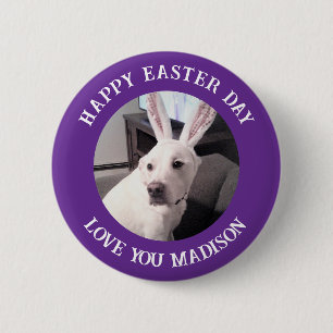 Cute White Dog Wearing Easter Bunny Ears Purple Button