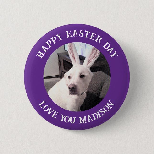 Cute White Dog Wearing Easter Bunny Ears Purple Button (Front)