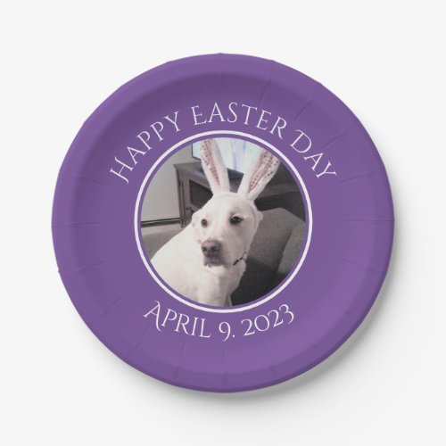 Cute White Dog Wearing Easter Bunny Ears Purple Paper Plates
