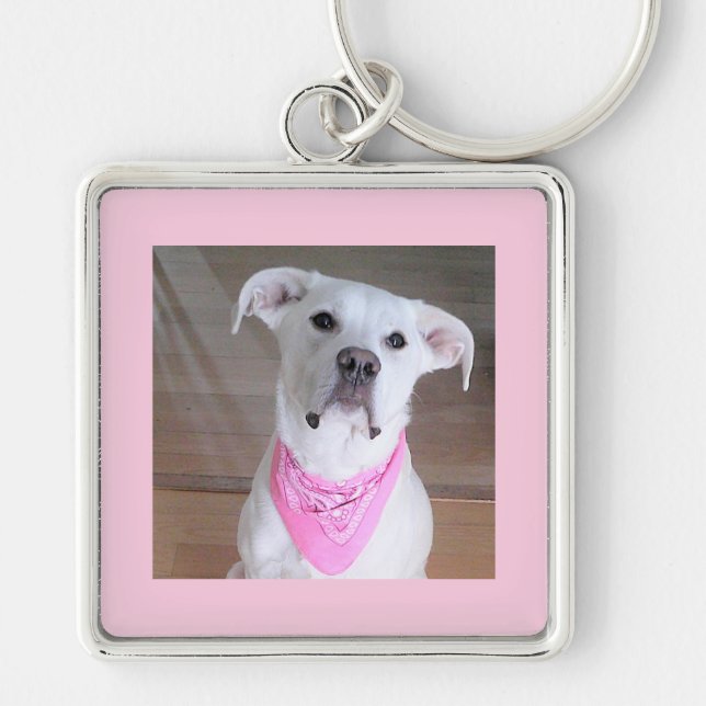 Cute White Dog Wearing Pink Scarf Keychain (Front)