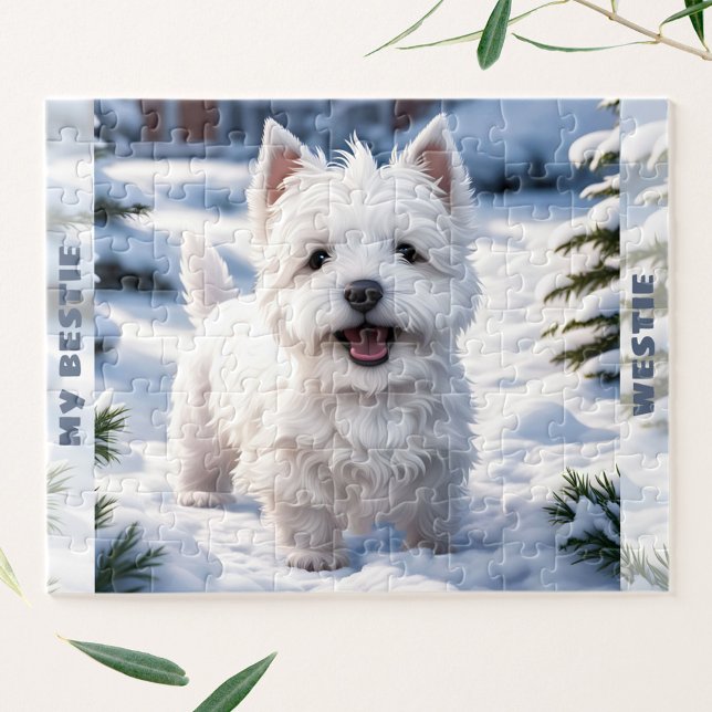 Cute White Dog Westie Winter Snow Custom Name Jigsaw Puzzle (Cute White Dog Westie Winter Snow Custom Name Jigsaw Puzzle)