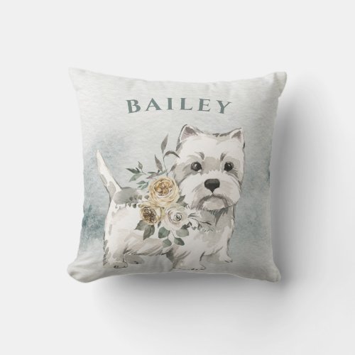 Cute White Dog with Flowers  Westie Throw Pillow