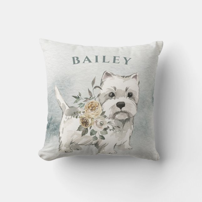 Cute White Dog with Flowers | Westie Throw Pillow (Front)