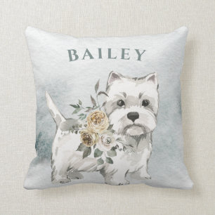 Cute White Dog with Flowers   Westie Throw Pillow