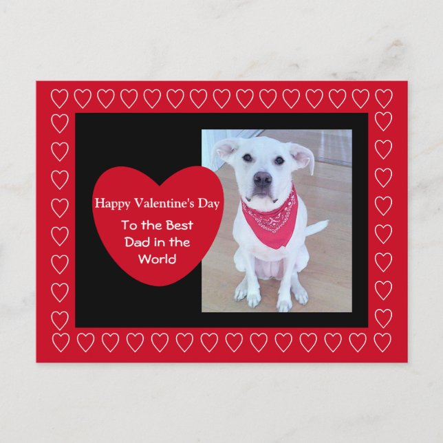 Cute White Dog with Funny Ears Red hearts Black Postcard (Front)