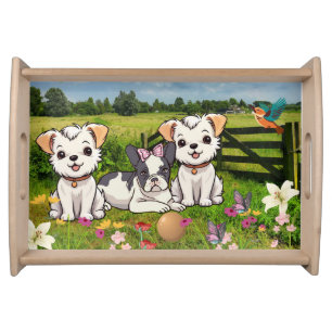 Cute White Dogs Pitbull Butterflies Flowers Nature Serving Tray