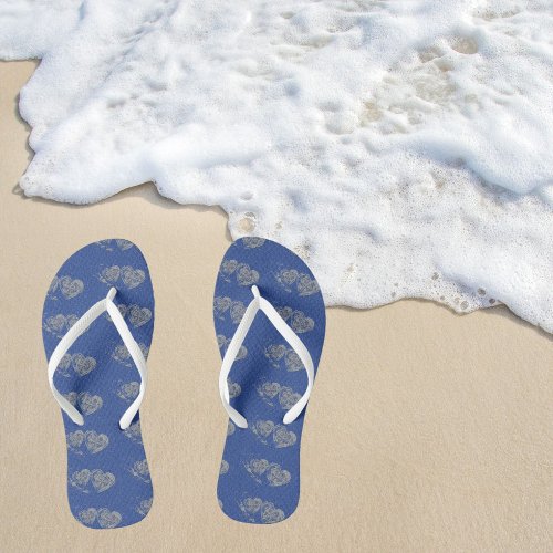 Cute White Double Heart Blue Pair of Flip Flops