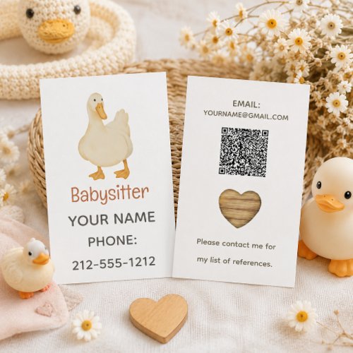 Cute White Duck Heart Babysitter QR Code Business Card