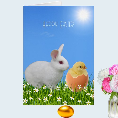 Cute White Easter Bunny  Chick on Sky Blue