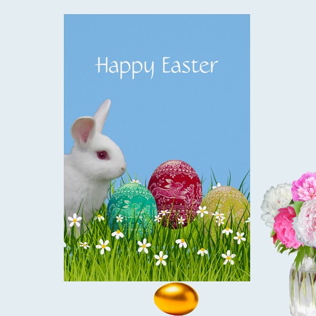 Cute White Easter Bunny & Painted Eggs Cards (Creator Uploaded)
