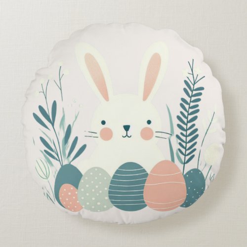 Cute White Easter Bunny Round Pillow