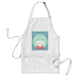 Cute white Easter bunny with pink hearts Adult Apron