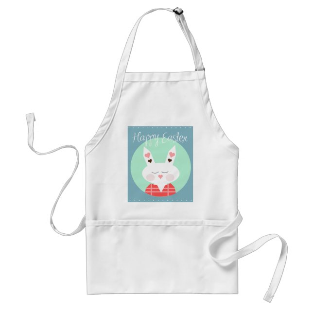 Cute white Easter bunny with pink hearts Adult Apron (Front)