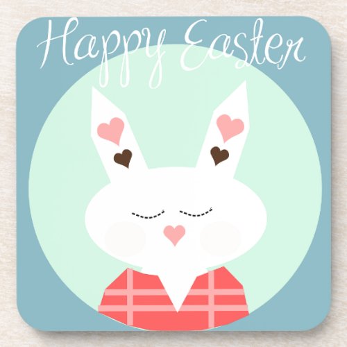 Cute white Easter bunny with pink hearts Beverage Coaster