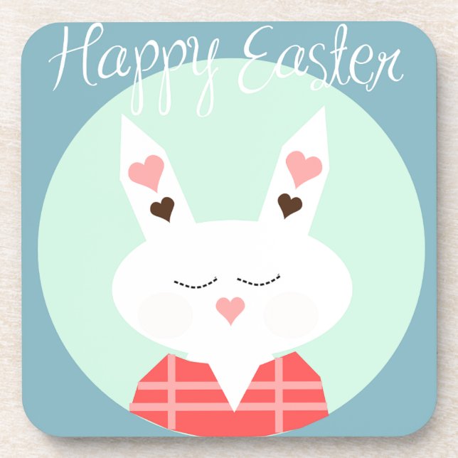 Cute white Easter bunny with pink hearts Beverage Coaster (Front)