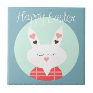 Cute white Easter bunny with pink hearts Ceramic Tile