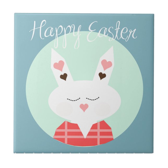 Cute white Easter bunny with pink hearts Ceramic Tile (Front)