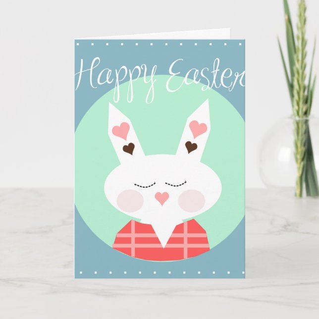 Cute white Easter bunny with pink hearts Holiday Card (Front)