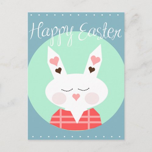 Cute white Easter bunny with pink hearts Holiday Postcard