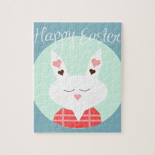 Cute white Easter bunny with pink hearts Jigsaw Puzzle