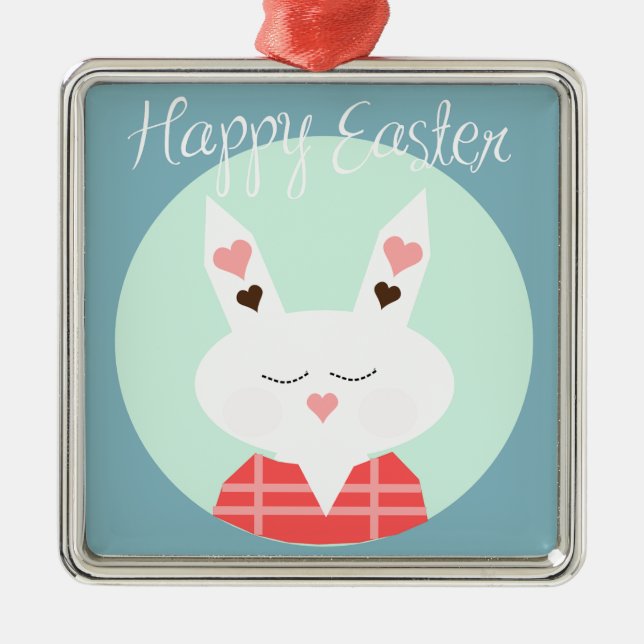 Cute white Easter bunny with pink hearts Metal Ornament (Front)