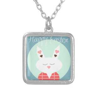 Cute white Easter bunny with pink hearts Silver Plated Necklace