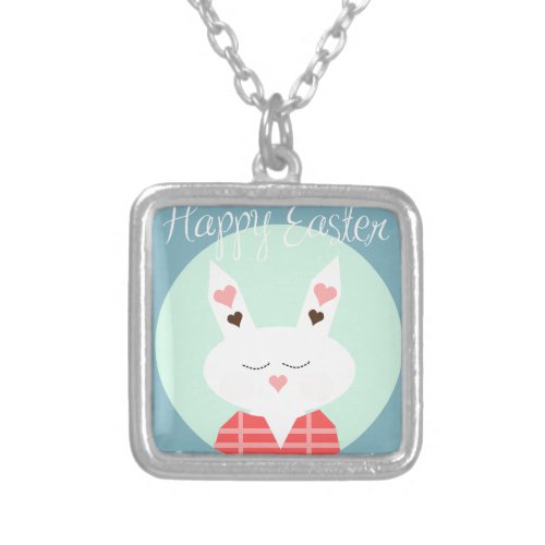 Cute white Easter bunny with pink hearts Silver Plated Necklace