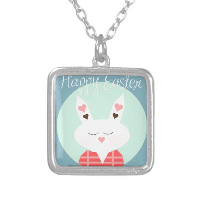 Cute white Easter bunny with pink hearts Silver Plated Necklace (Front)