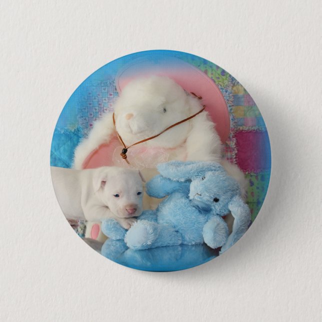 Cute White Easter Puppy Dog & Bunny Friends Button (Front)