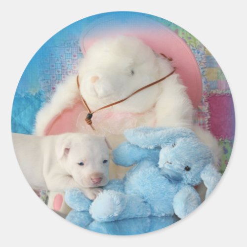 Cute White Easter Puppy Dog  Bunny Friends Classic Round Sticker