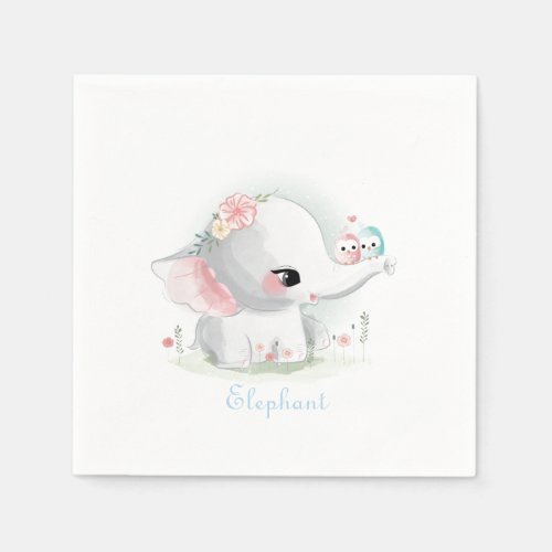 Cute White Elephant Baby Watercolor Floral Birds Napkins