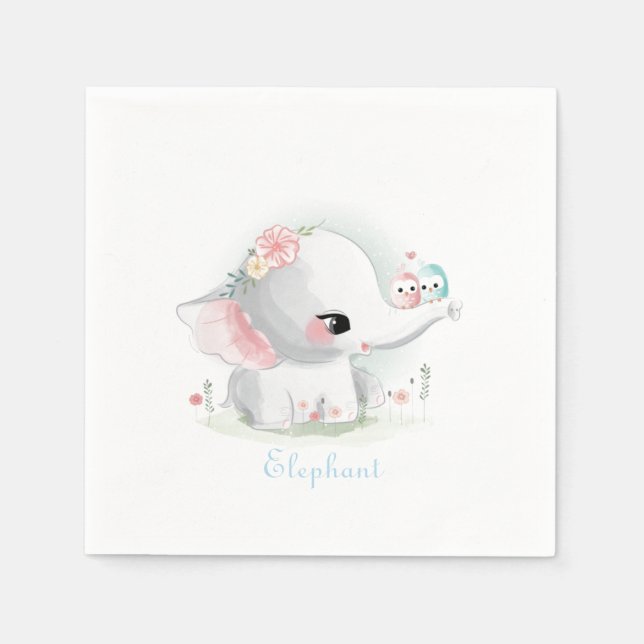 Cute White Elephant Baby Watercolor Floral Birds Napkins (Front)