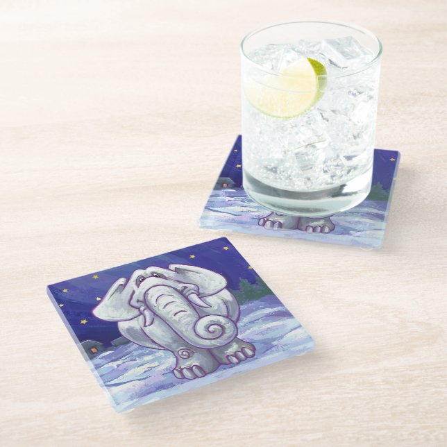 Cute White Elephant Gift Glass Coaster (Angled)