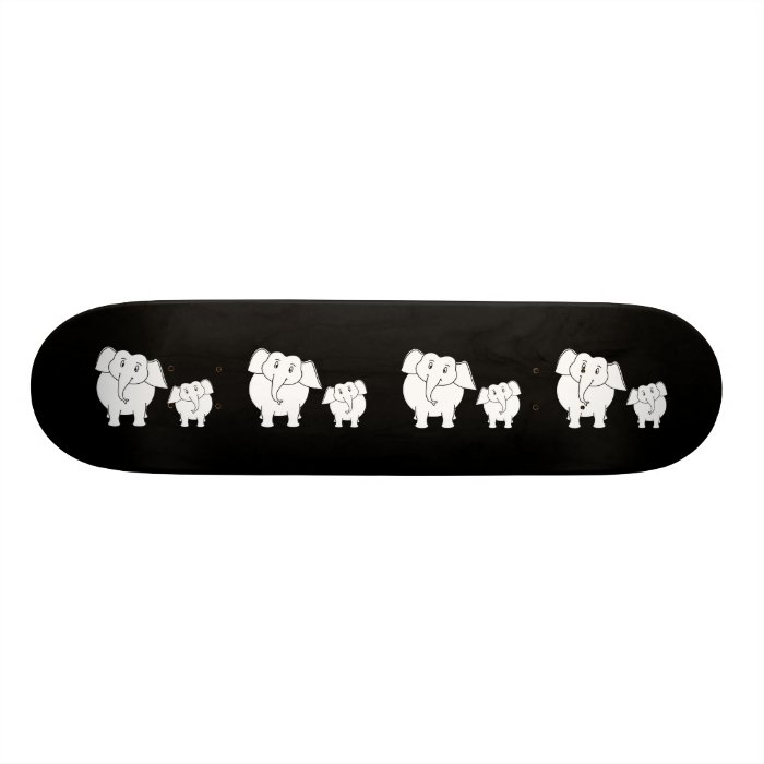 Cute White Elephants on Black. Cartoon. Skateboard