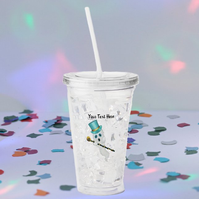 Cute White Fancy Ghost Blue Top Hat Skull Cane Acrylic Tumbler (Funny ghost blue eyes and top hat with black cane with gold skull on top on Halloween acrylic tumber)