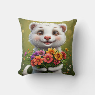 🐾 Cute White Ferret Cartoon Home Decor  🤍 Throw Pillow