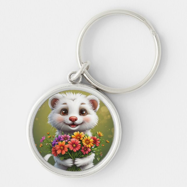 🦦 Cute White Ferret Cartoon Keychain Gift Idea 🎁 (Front)