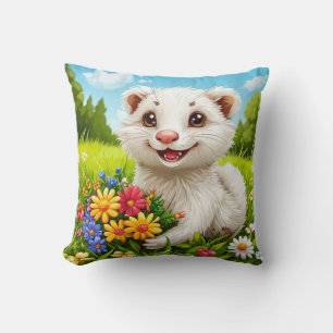 🐾 Cute White Ferret Floral Garden Decor  🌸 Throw Pillow