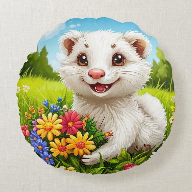 🐾 Cute White Ferret Round Plush Decor  🤍 Pillow (Front)