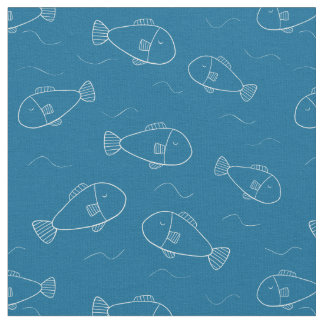 Cute White Fish Print on an Ocean Blue Fabric